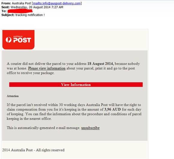 Cryptolocker Fake Email - Australia Post